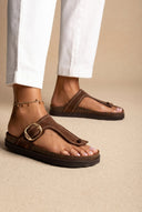 ATENEO - T Strap Sandals Buckle Detail - Brown Suede