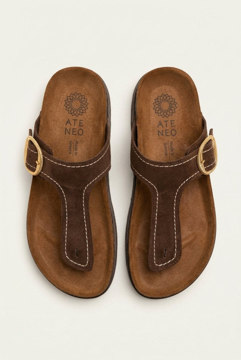 ATENEO - T Strap Sandals Buckle Detail - Brown Suede
