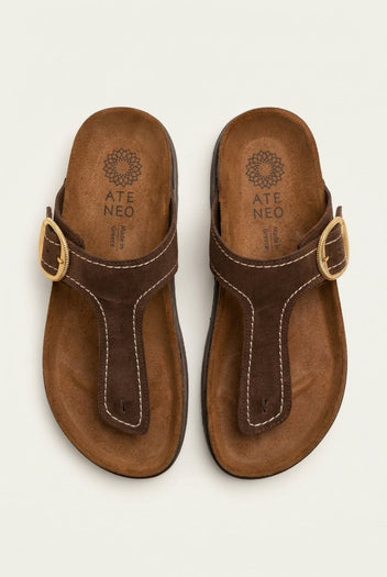 ATENEO - T Strap Sandals Buckle Detail - Brown Suede