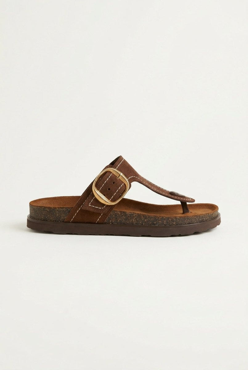 ATENEO - T Strap Sandals Buckle Detail - Brown Suede