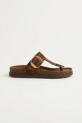 ATENEO - T Strap Sandals Buckle Detail - Brown Suede