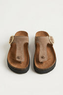 ATENEO - T Strap Sandals Buckle Detail - Taupe Suede
