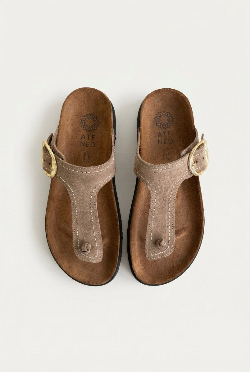 ATENEO - T Strap Sandals Buckle Detail - Taupe Suede
