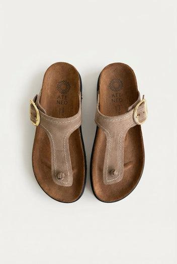 ATENEO - T Strap Sandals Buckle Detail - Taupe Suede