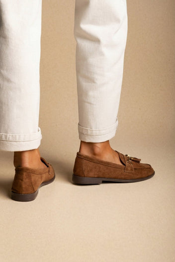 MARQUIIZ - Tassel Loafers with Metal Detail - Tan Suede