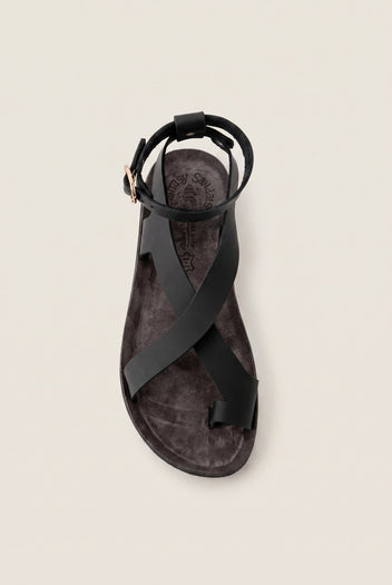 Leather Ankle Strap Sandals - Black-Leather Ankle Strap Sandals - Black