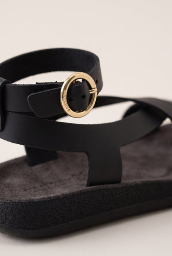 Leather Ankle Strap Sandals - Black-Leather Ankle Strap Sandals - Black