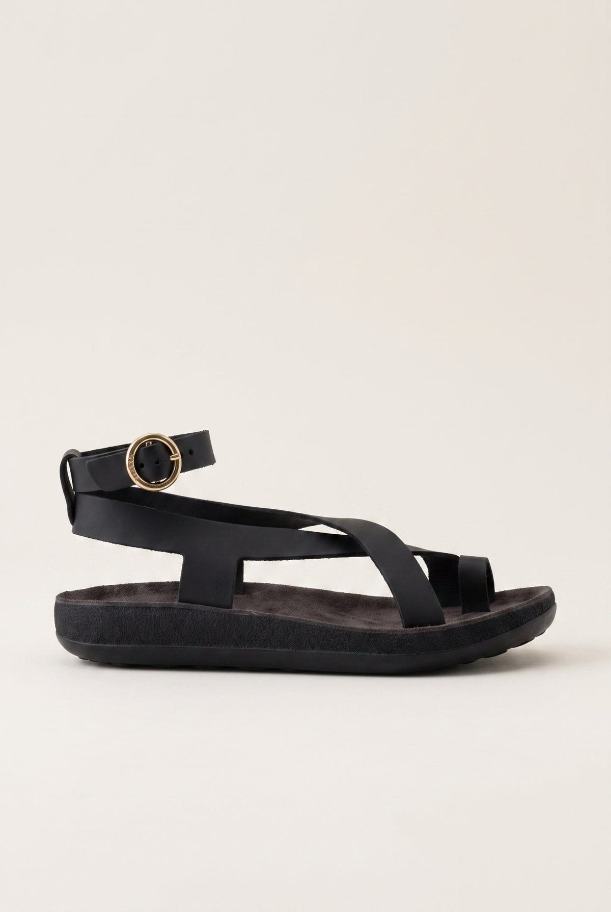 Leather Ankle Strap Sandals - Black-Leather Ankle Strap Sandals - Black