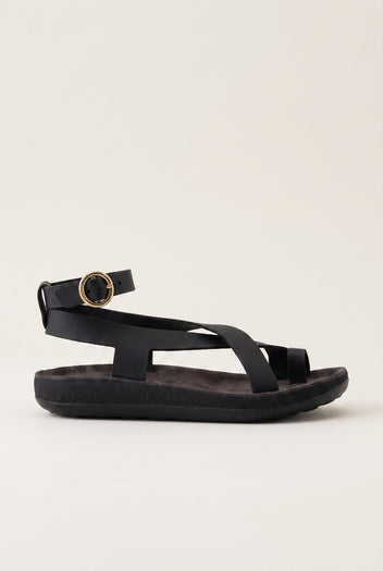 Leather Ankle Strap Sandals - Black-Leather Ankle Strap Sandals - Black