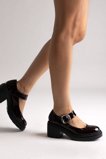 TFP Mary Jane Platform Block Heel Pumps - Burgundy Patent - thefashionproject.gr - TFP