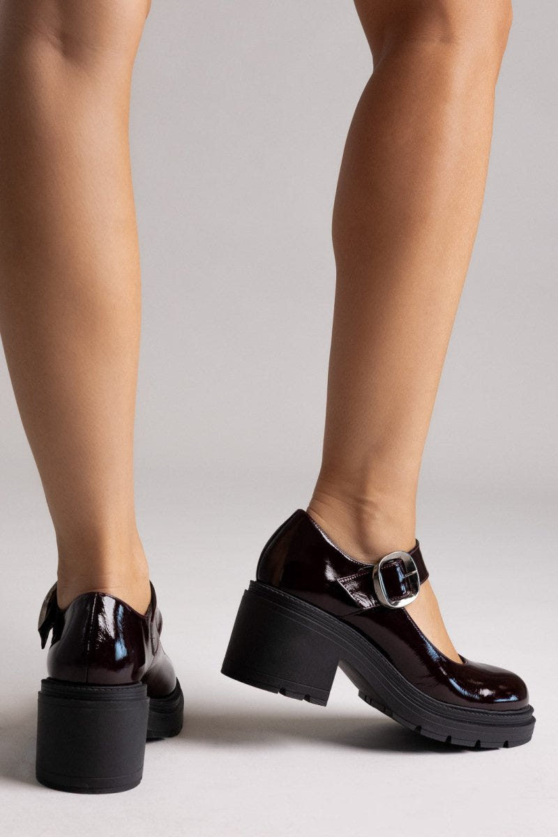 TFP Mary Jane Platform Block Heel Pumps - Burgundy Patent - thefashionproject.gr - TFP