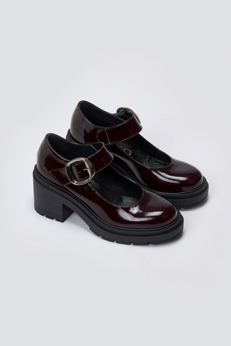TFP Mary Jane Platform Block Heel Pumps - Burgundy Patent - thefashionproject.gr - TFP