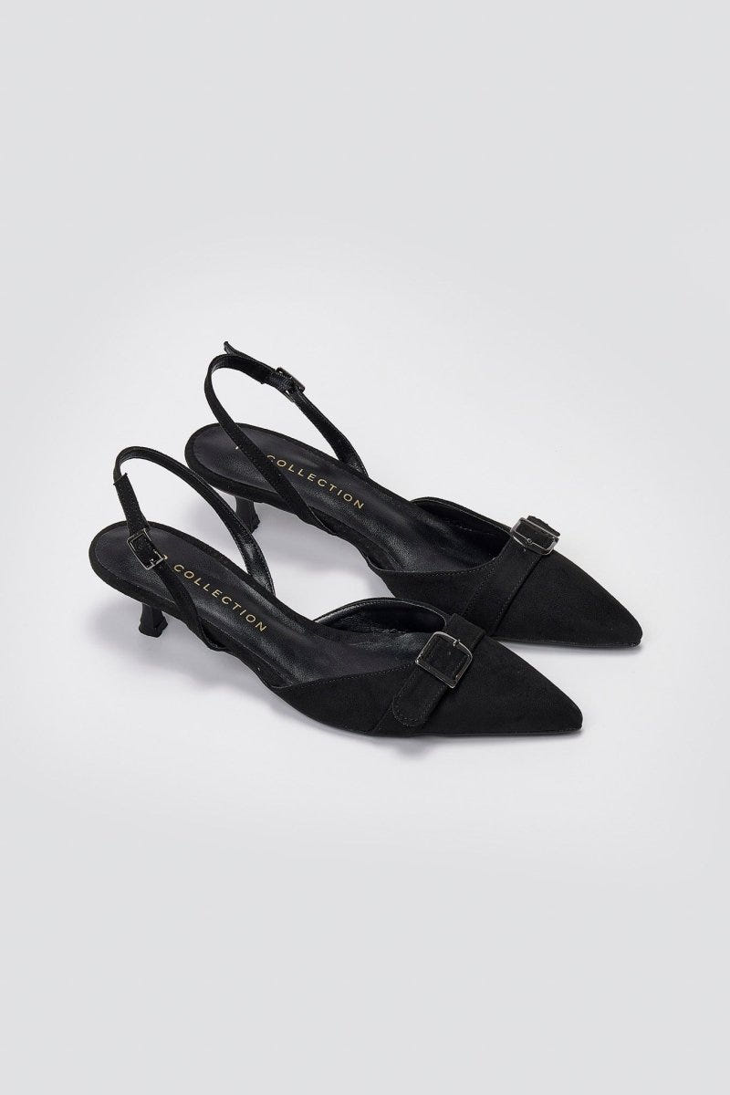 TFP Pointed Slingback Pumps with Kitten Heel - Black Suede - thefashionproject.gr - TFP