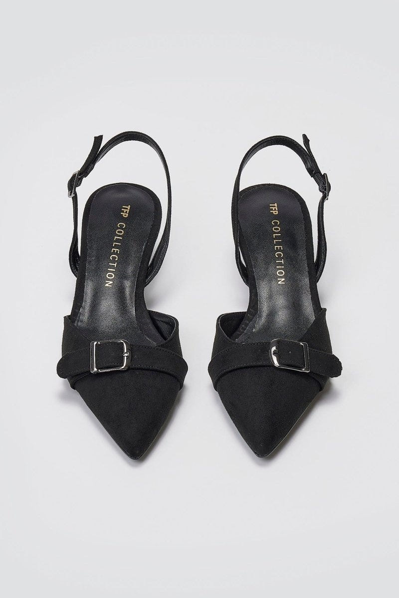 TFP Pointed Slingback Pumps with Kitten Heel - Black Suede - thefashionproject.gr - TFP