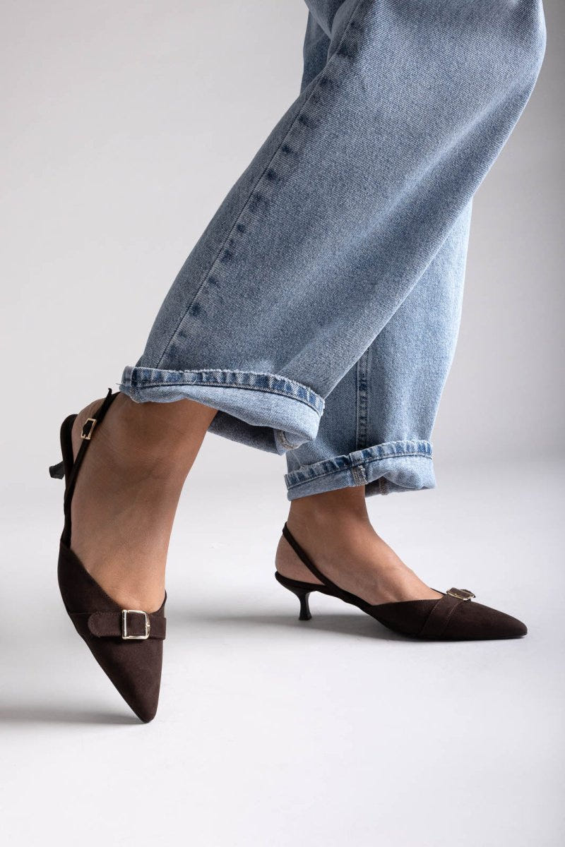 TFP Pointed Slingback Pumps with Kitten Heel - Brown Suede - thefashionproject.gr - TFP