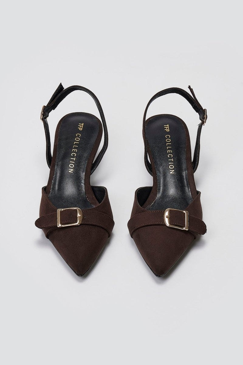 TFP Pointed Slingback Pumps with Kitten Heel - Brown Suede - thefashionproject.gr - TFP