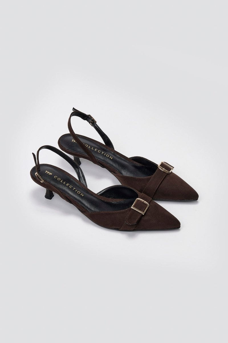 TFP Pointed Slingback Pumps with Kitten Heel - Brown Suede - thefashionproject.gr - TFP