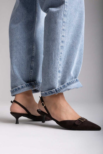 TFP Pointed Slingback Pumps with Kitten Heel - Brown Suede - thefashionproject.gr - TFP