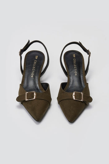 TFP Pointed Slingback Pumps with Kitten Heel - Olive Suede - thefashionproject.gr - TFP