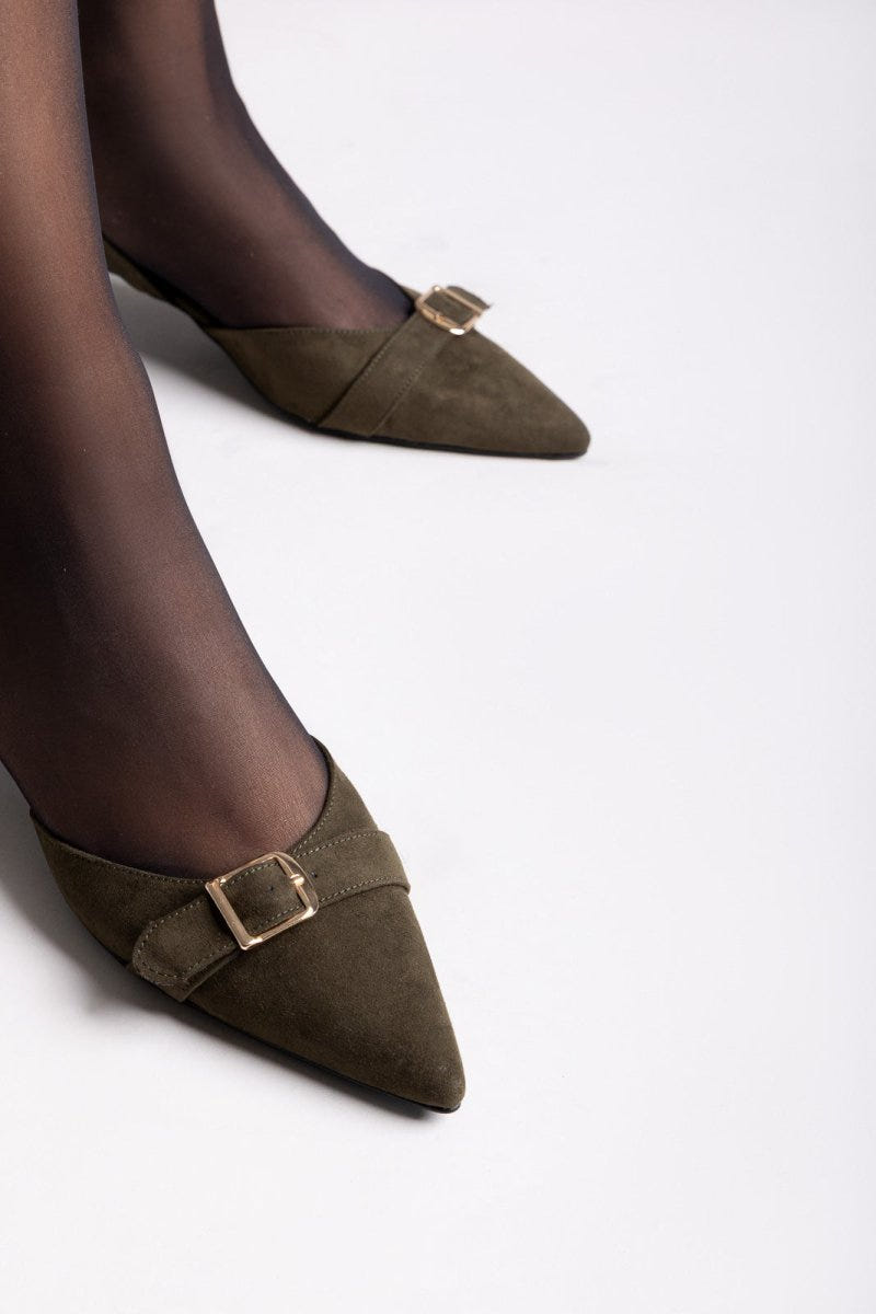 TFP Pointed Slingback Pumps with Kitten Heel - Olive Suede - thefashionproject.gr - TFP