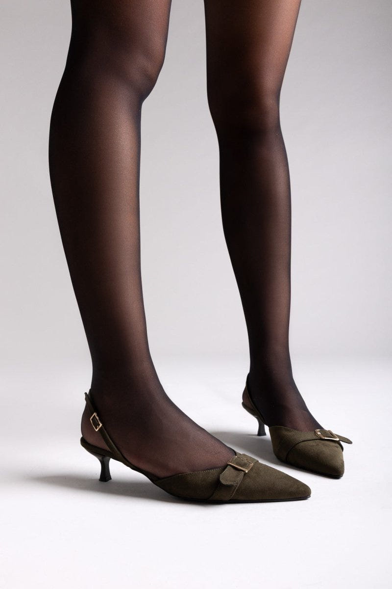TFP Pointed Slingback Pumps with Kitten Heel - Olive Suede - thefashionproject.gr - TFP