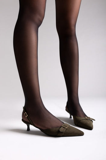 TFP Pointed Slingback Pumps with Kitten Heel - Olive Suede - thefashionproject.gr - TFP