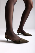 TFP Pointed Slingback Pumps with Kitten Heel - Olive Suede - thefashionproject.gr - TFP