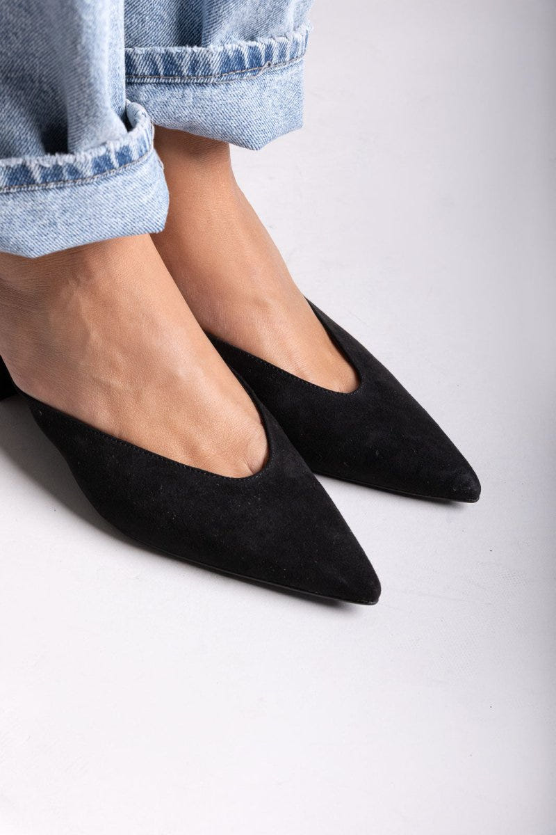 TFP Pointed Suede Mules with Block Heel - Black Suede - thefashionproject.gr - TFP