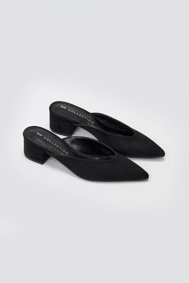 TFP Pointed Suede Mules with Block Heel - Black Suede - thefashionproject.gr - TFP