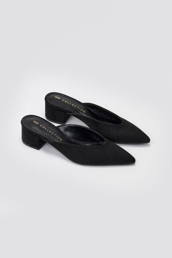 TFP Pointed Suede Mules with Block Heel - Black Suede - thefashionproject.gr - TFP