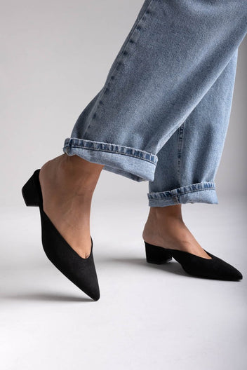 TFP Pointed Suede Mules with Block Heel - Black Suede - thefashionproject.gr - TFP