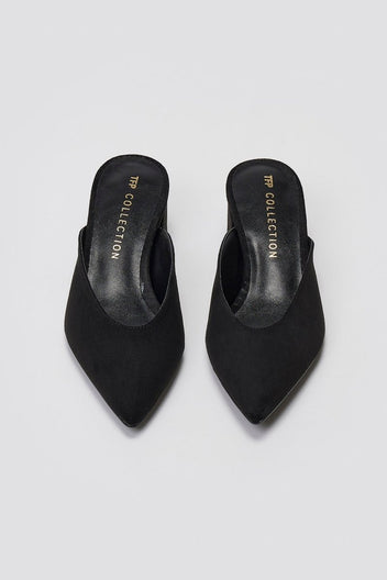 TFP Pointed Suede Mules with Block Heel - Black Suede - thefashionproject.gr - TFP