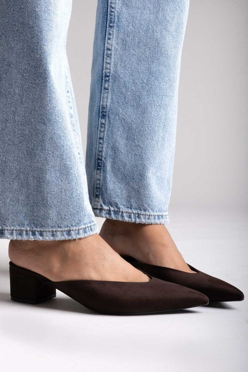 TFP Pointed Suede Mules with Block Heel - Brown Suede - thefashionproject.gr - TFP