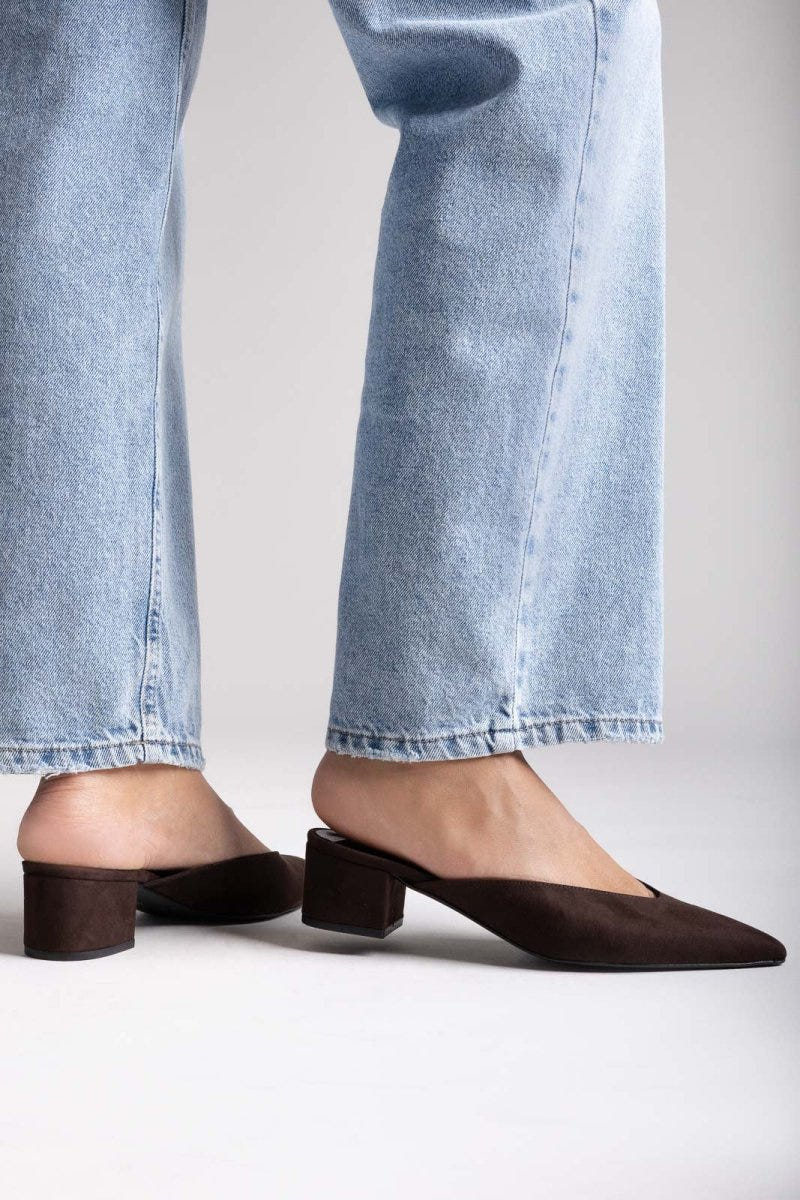 TFP Pointed Suede Mules with Block Heel - Brown Suede - thefashionproject.gr - TFP