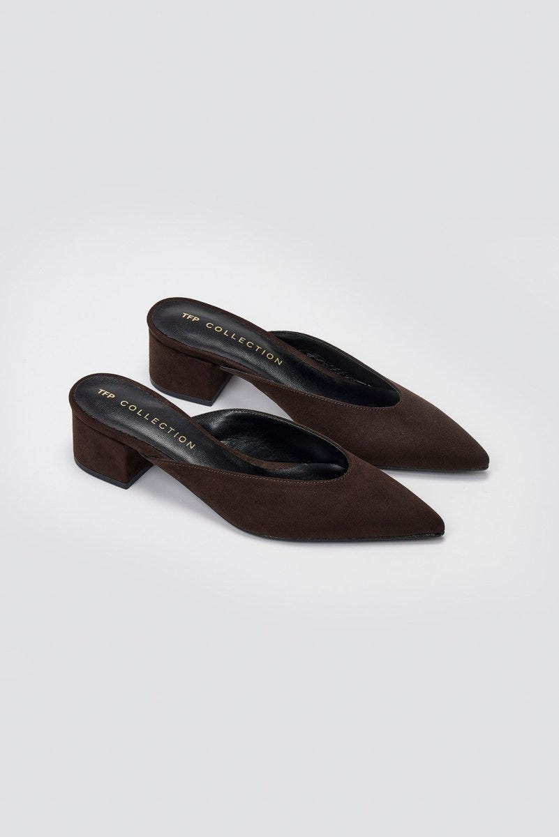 TFP Pointed Suede Mules with Block Heel - Brown Suede - thefashionproject.gr - TFP