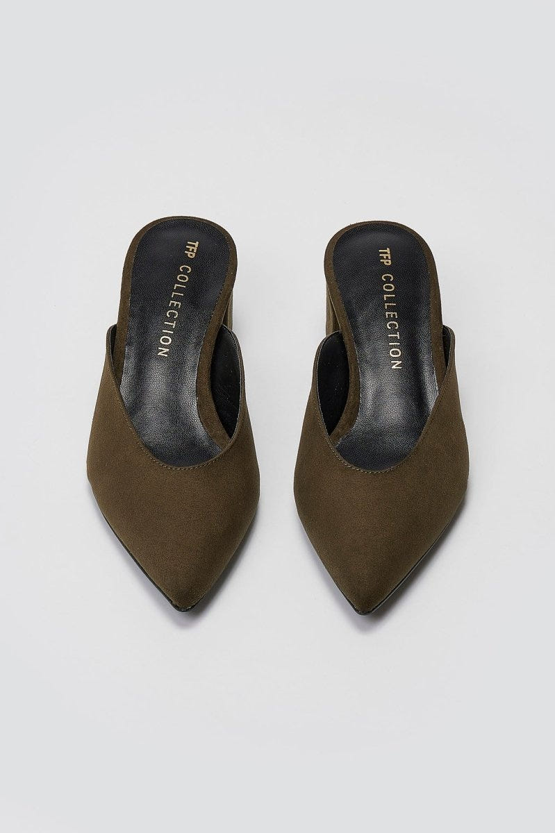 TFP Pointed Suede Mules with Block Heel - Olive Suede - thefashionproject.gr - TFP