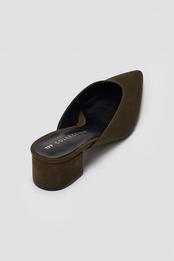 TFP Pointed Suede Mules with Block Heel - Olive Suede - thefashionproject.gr - TFP