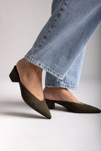 TFP Pointed Suede Mules with Block Heel - Olive Suede - thefashionproject.gr - TFP
