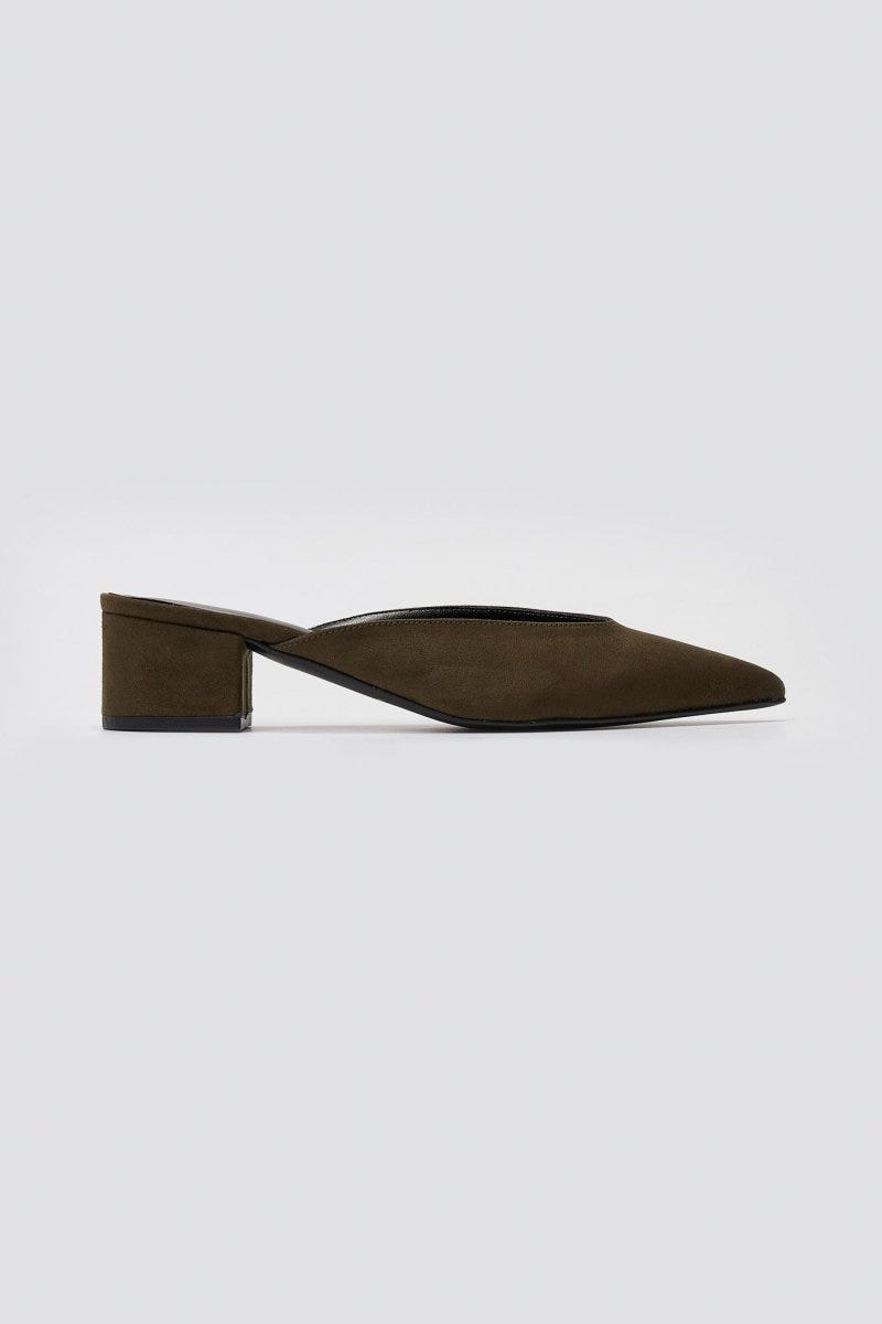 TFP Pointed Suede Mules with Block Heel - Olive Suede - thefashionproject.gr - TFP