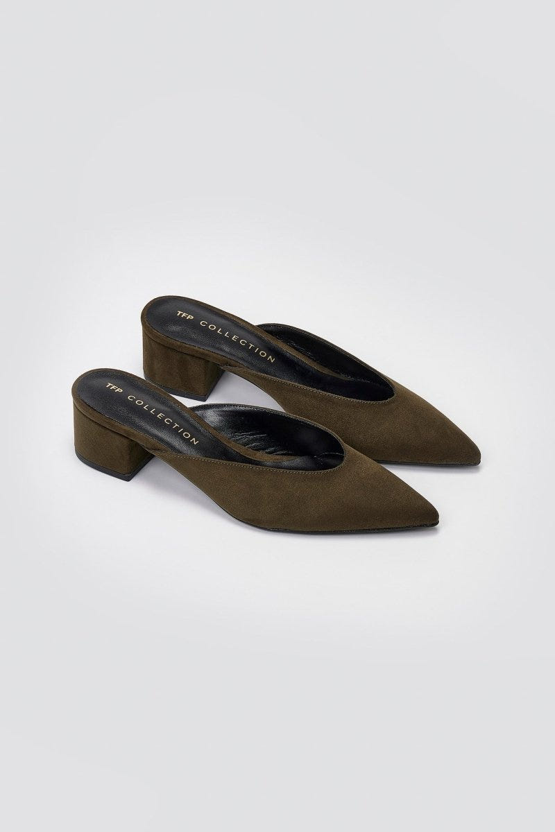 TFP Pointed Suede Mules with Block Heel - Olive Suede - thefashionproject.gr - TFP