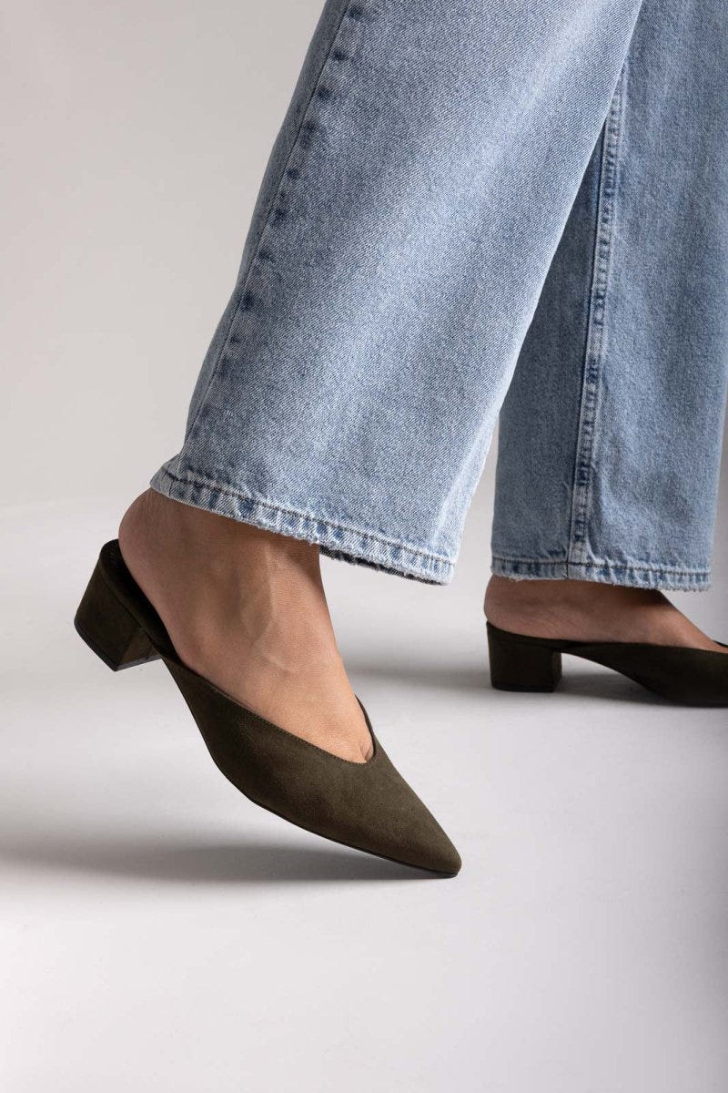 TFP Pointed Suede Mules with Block Heel - Olive Suede - thefashionproject.gr - TFP