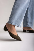 TFP Pointed Suede Mules with Block Heel - Olive Suede - thefashionproject.gr - TFP