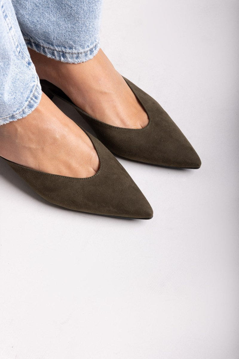 TFP Pointed Suede Mules with Block Heel - Olive Suede - thefashionproject.gr - TFP