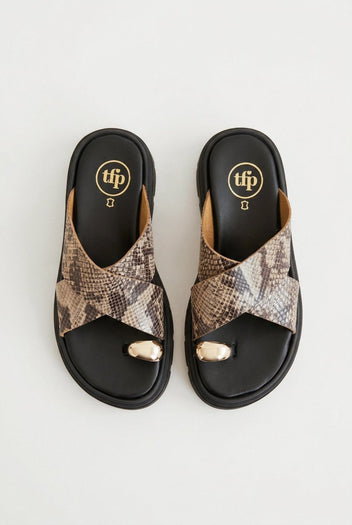TFP - Toe Ring Flatform Sandals - Beige Snake Print