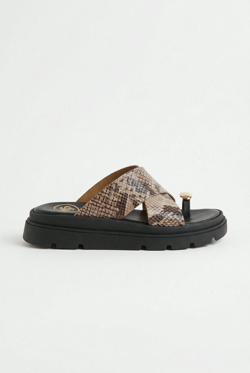 TFP - Toe Ring Flatform Sandals - Beige Snake Print