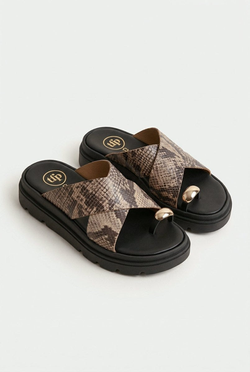 TFP - Toe Ring Flatform Sandals - Beige Snake Print