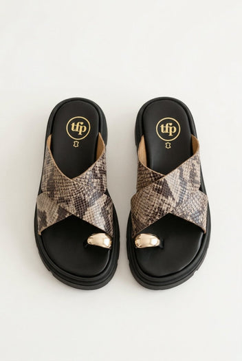 TFP - Toe Ring Flatform Sandals - Beige Snake Print