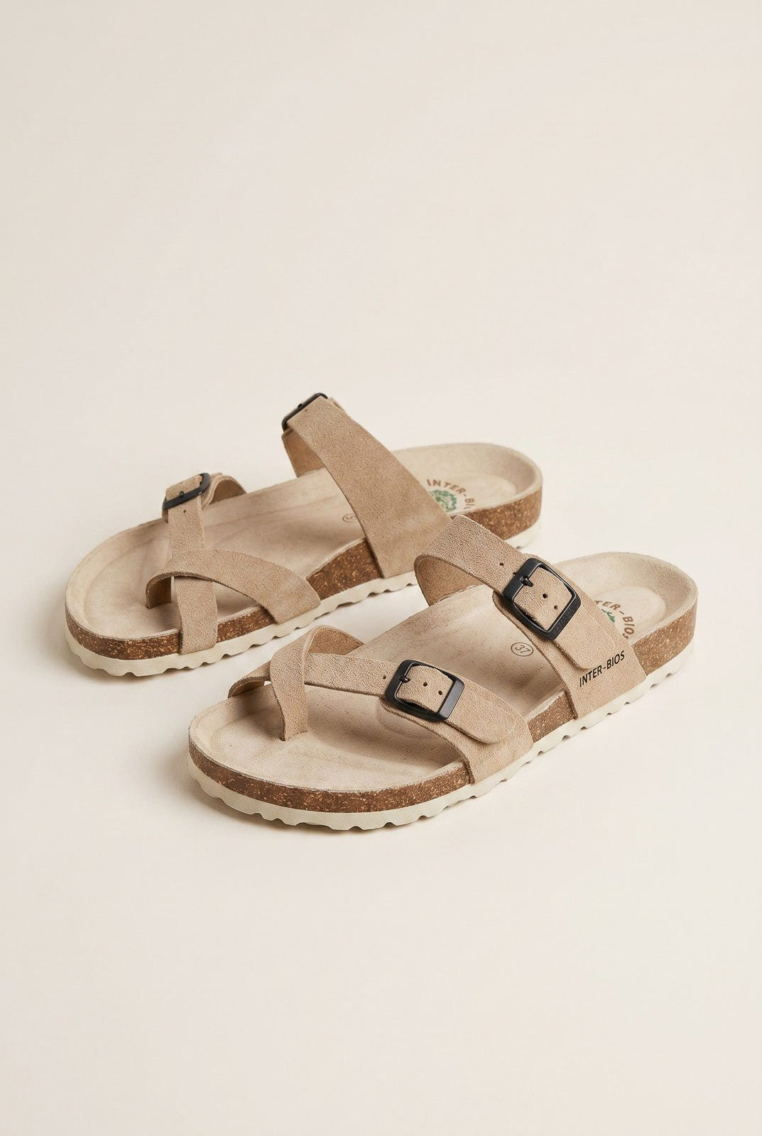 Inter - Bios - Toe Ring Sandals Adjustable Buckle - Beige Suede