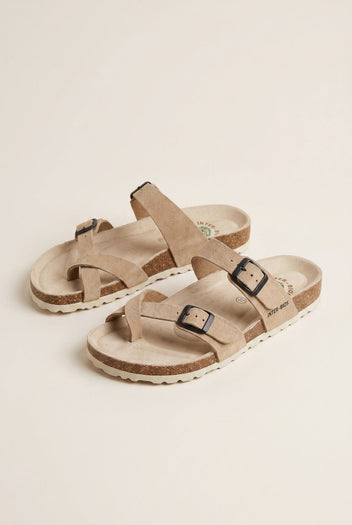 Inter - Bios - Toe Ring Sandals Adjustable Buckle - Beige Suede