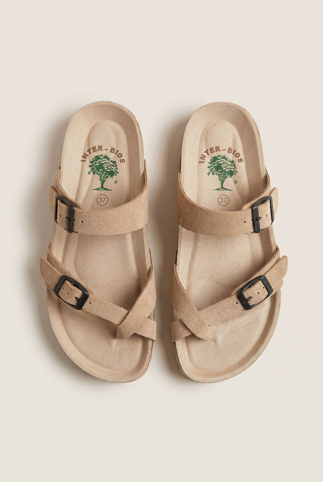 Inter - Bios - Toe Ring Sandals Adjustable Buckle - Beige Suede